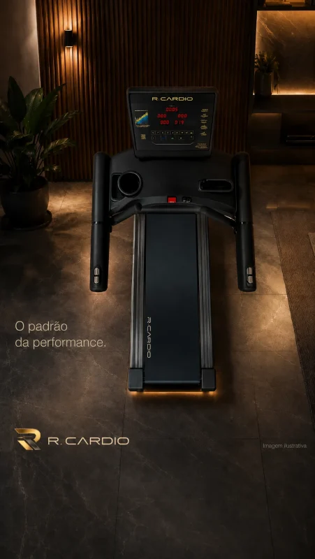 Esteira comercial R-Cardio com motor WEG em ambiente wellness sofisticado