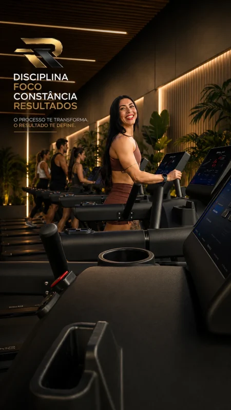 Academia de alto fluxo com esteiras profissionais R-Cardio em ambiente wellness