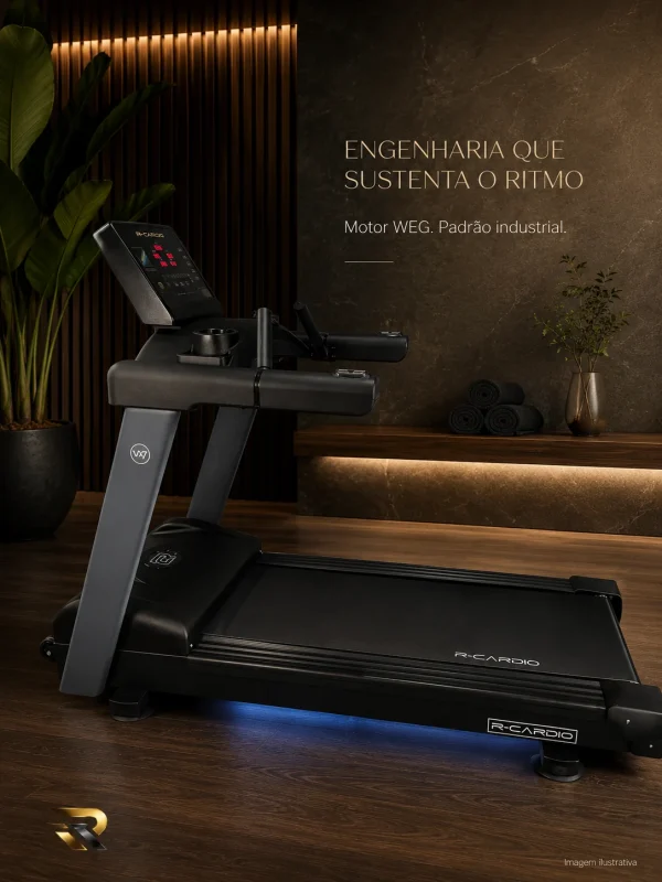 Esteira profissional R-Cardio em ambiente wellness com motor WEG e design robusto