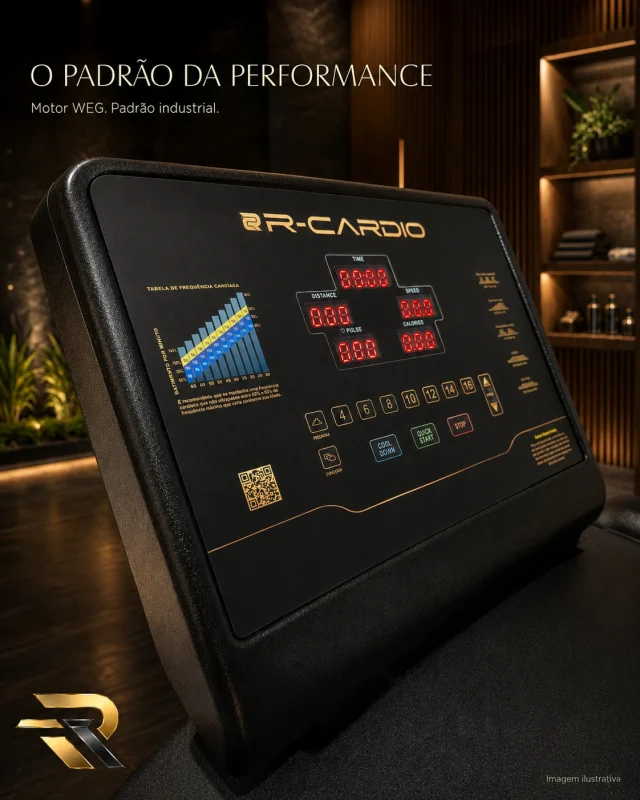 Painel da esteira profissional R-Cardio VX7 com comandos e display digital